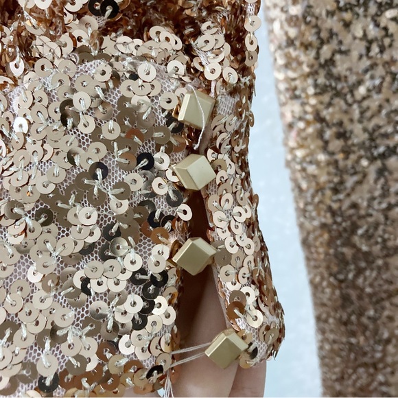 Ieena Mac Duggal Sequin Rose Gold One Shoulder Bishop Sleeve Gown Size 8 NEW - Picture 7 of 12